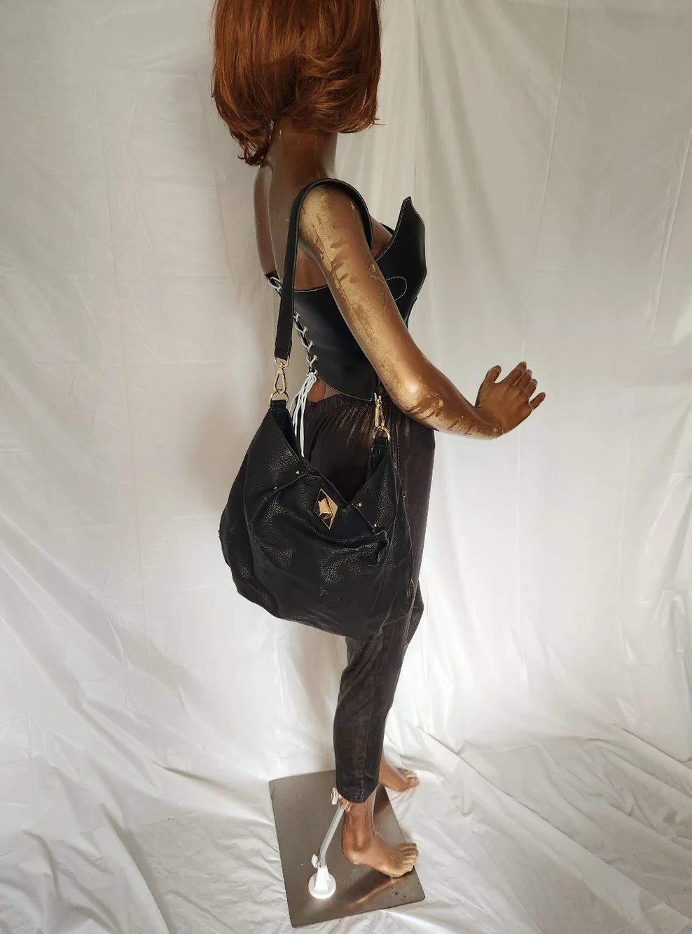 Black Faux Leather Slouchy Hobo Bag w/ Gold Hardware
